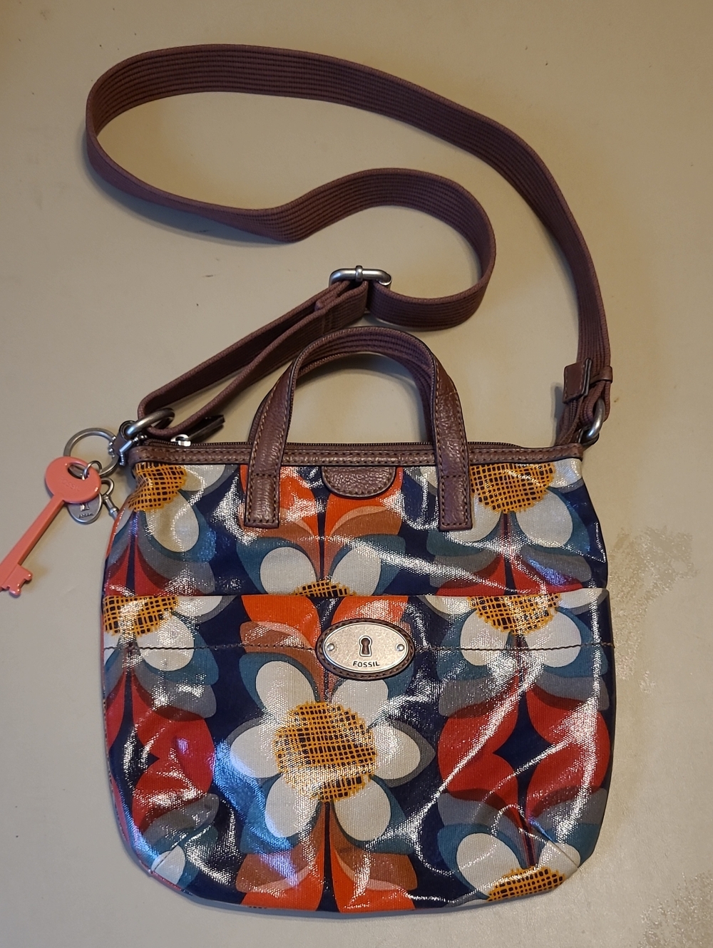 Fossil Key-Per Coated Canvas Floral Crossbody Bag With Leather Trim.